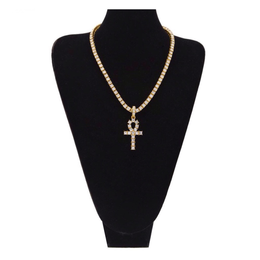 Men Gold Iced Out Crystal Ankh Necklace - Picture 2 of 3